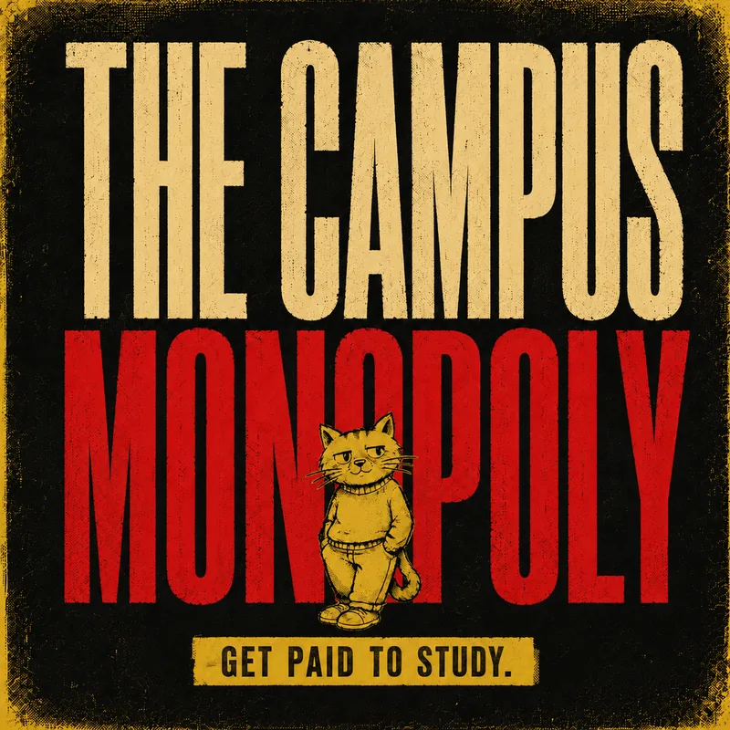 The Campus Monopoly artwork: the title in cream and red block lettering on black with a yellow cartoon cat.