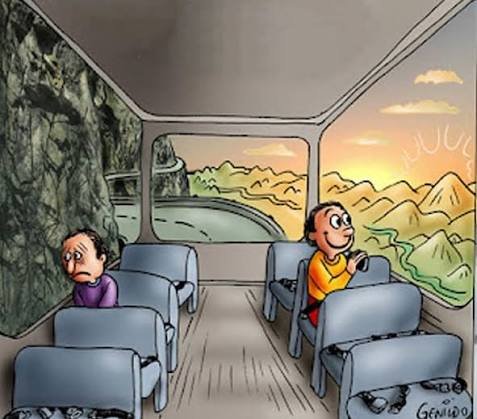 Cartoon of a bus: a gloomy passenger faces a rock wall on one side, a smiling passenger watches a sunrise over mountains on the other