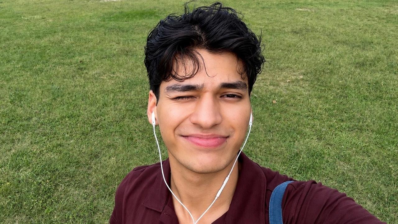 Selfie on a grassy field, winking and smiling, wearing earphones